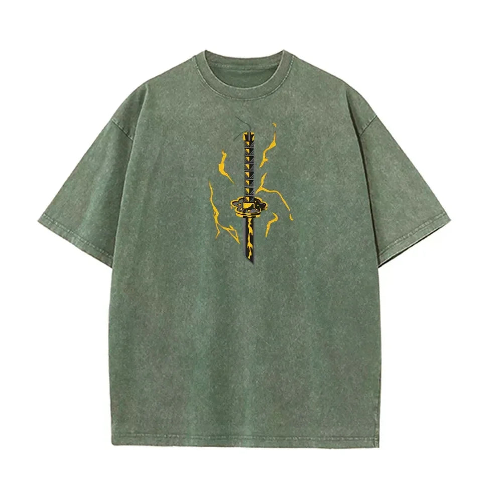 Demon Slayer Men's Women's Washed T-Shirt Zenitsu Agatsuma Summer Spring Anime Tee Retro Distressed High Quality Short Sleeve