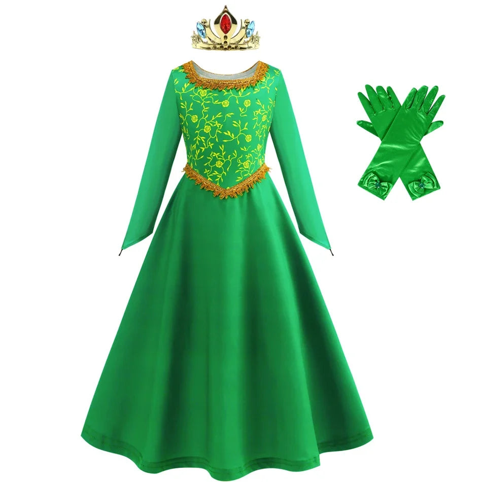 Fiona Dress Halloween Shrek Cosplay Fantasy Dress Up Green Princess Costume Children Elegant Gown Kids Long Sleeve Print Frocks