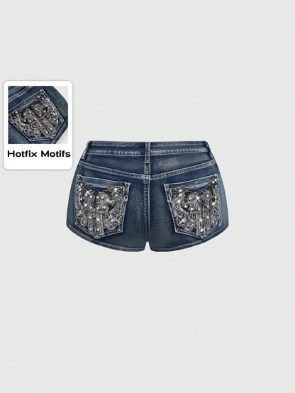 Low Rise Distressed Denim Shorts Female Jeans Womens Jeans Shorts Vintage Y2K Punk Style Embroidered Hot Pants