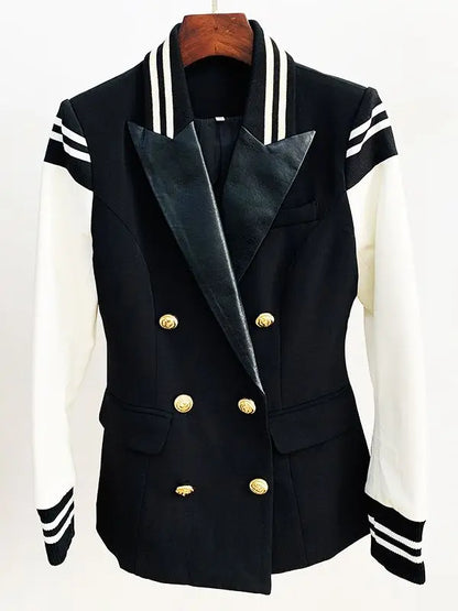HIGH STREET New Fashion 2026 Classic Varsity Jacket Women's Lion Buttons Double Breasted Leather Sleeve Patchwork Blazer