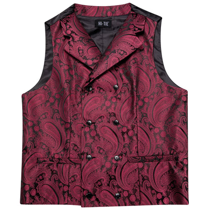 Dark Red Men's Vests Silk Paisley Jacquard Waistcoat Jacket NeckTie Hanky Cufflinks for Men Business Party Designer Gifts
