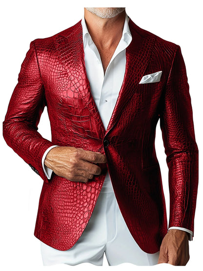 Luxury Men's Crocodile Embossed Leather Blazer Notch Lapel Suit Fit 1 Button Jacket Shiny Croc Print Formal Business Party Coat