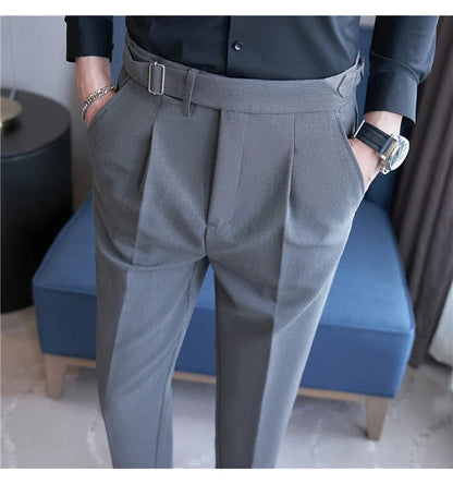 2026 Texture Naples Men's Solid Color Casual Pants Fashion Belt Design Slim Fit Suit Pants Formal Wear Wedding Social Trousers