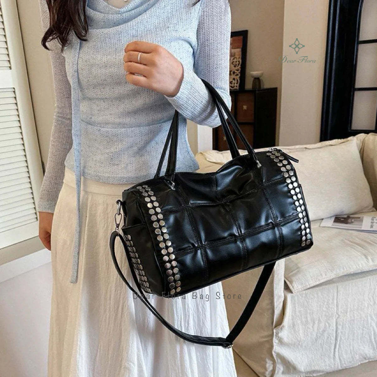 New Y2K Fashion Retro Rivet Tote Bag Women's High-end Handbag Large Capacity Motorcycle Shoulder Bag Daily Commute Crossbody Bag