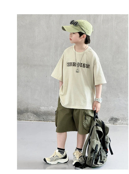 New Summer Korean Children Fashion Suit for Teen Boy Cotton Top And Bottom Set Kids Casual Tshirt Shorts 2PCS Clothing Set 7-16Y