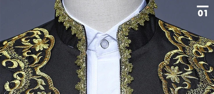 European Gold-encrusted Vintage Court Tuxedo Men's Stand-up Collar Embroidered Suit Three-piece Set  Opera House, Stage Costumes