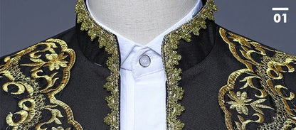 European Gold-encrusted Vintage Court Tuxedo Men's Stand-up Collar Embroidered Suit Three-piece Set  Opera House, Stage Costumes
