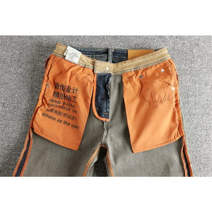 Retro blue wash-fried cat whisker jeans men's high-end custom fabric American fashion brand youth nine-point pants