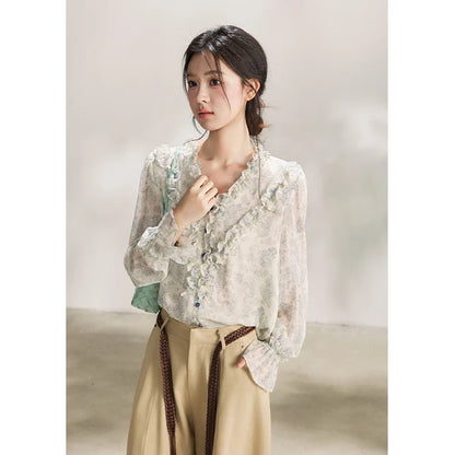 Women's Light Blue Paisley Print Ruffle Blouse V-neck Sheer Long Sleeve Chiffon Shirt Casual Summer Wear MXF13X2549