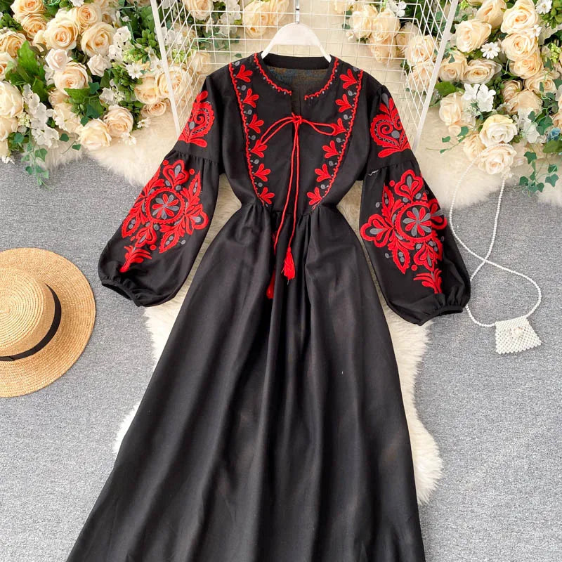 n Sle Embroidered Flower Long Sve Loose Fit Lantern Sve Gathered Slimming A-Line Dr Women's round Ne Dr