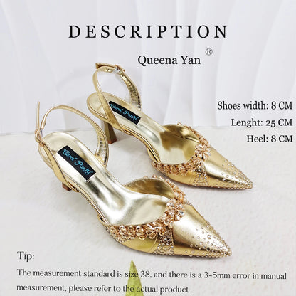 2026 Italian Inspired Gold Rhinestone HAND CRAFTED UPPER Pointed Toe Women High Heels Shoes and Bag Set Elegant Party Shoes