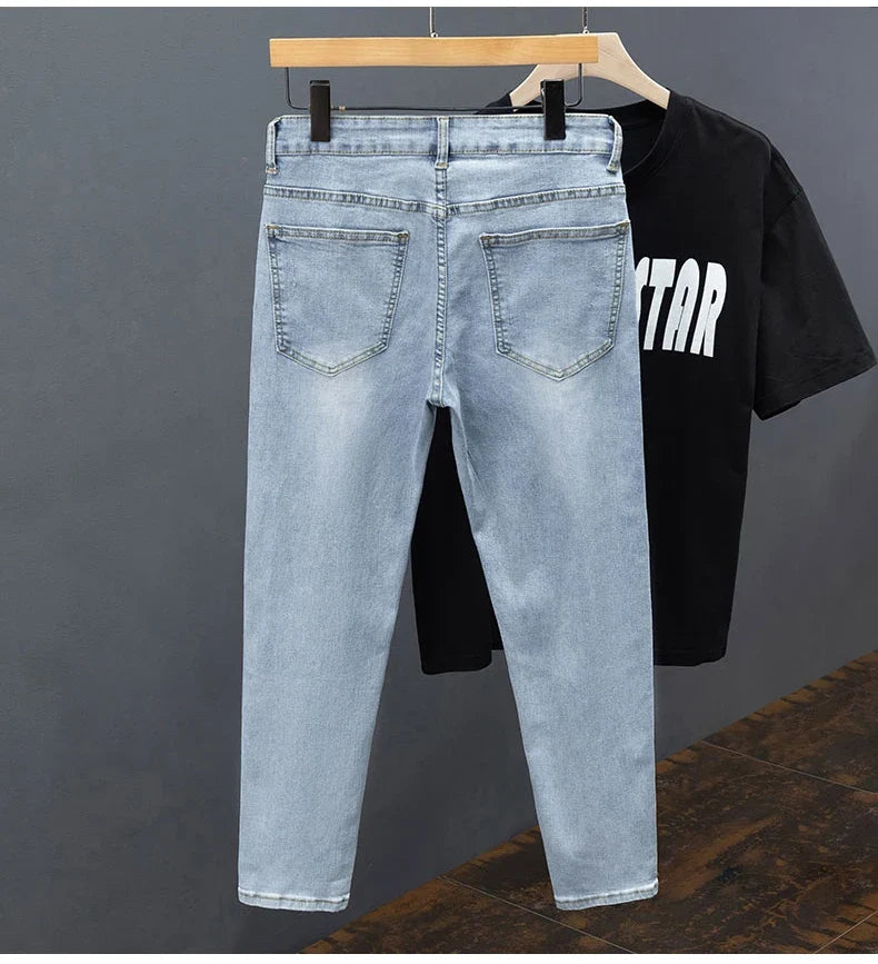 New Men's Little Feet Skinny Jeans Light Blue Spring Summer Thin Elastic Denim Pants Classic Korean Washed Cowboy Trousers