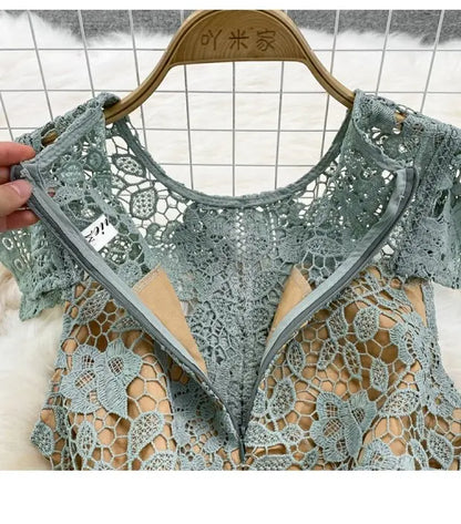 Retro Court Sle round Ne Fly Sve Slimming Soluble Hook Flower Hollow A-Line Dr Summer New Arrival Women's Faion