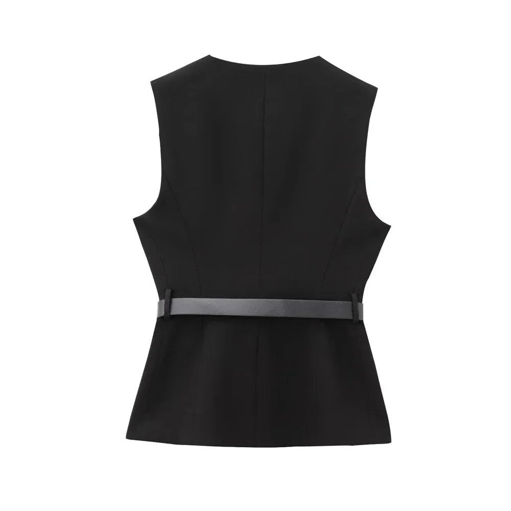 Women's Long Waistcoat with Belt, Front Gold Button, O Neck Sleeveless Vest, Female Outerwear, Chic Tops, Fashion
