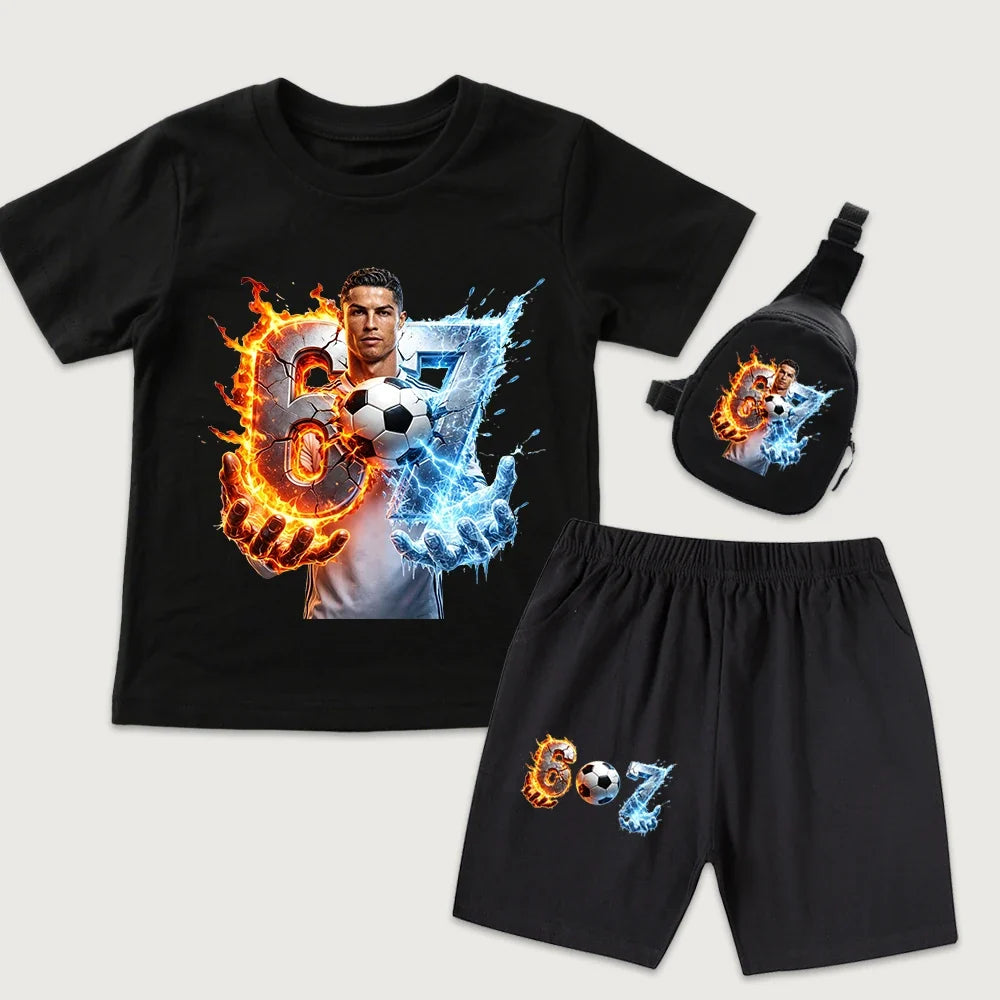 CR7 Ronaldo 67 Print Kids Cotton T Shirt Short Sleeve Casual Top with Mini Chest Bag Set for Boys Girls
