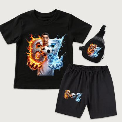 CR7 Ronaldo 67 Print Kids Cotton T Shirt Short Sleeve Casual Top with Mini Chest Bag Set for Boys Girls
