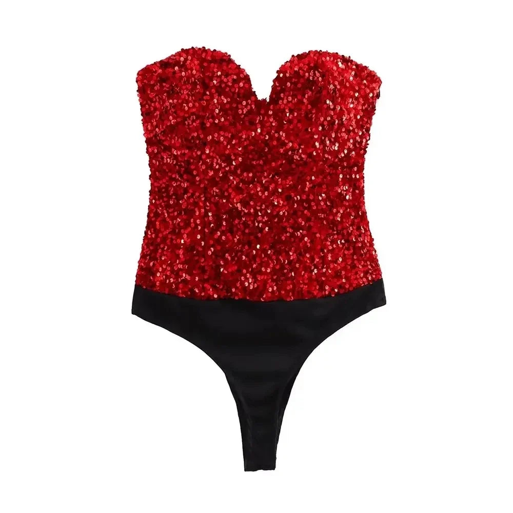 Strapless Sequin Bodysuits for Women, Backless Bodysuits, Sweetheart Neck, Female Playsuits, Sexy Fashion
