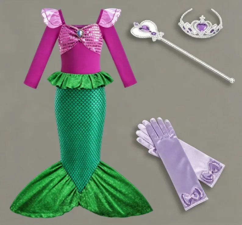 2025 Girls Mermaid Dress Princess Cosplay Party Costumes Summer Purple Elegant Flying Sleeve Fancy Dresses For 2-10Y Kids