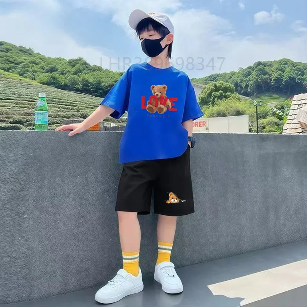 Kids T-shirt+Shorts Two-Piece Set White Clothing Boy Girl 3-12 Yrs Sports Short-Sleeved Summer Casual  Little Bear Printing Set