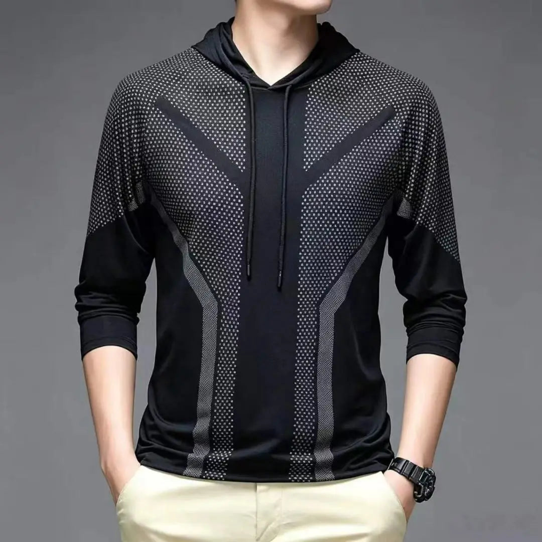 Men's Casual Solid Color Quick Dry Breathable Elastic Thin Long Sleeve T-Shirt with Hood for Spring/Summer Fitness And Sports