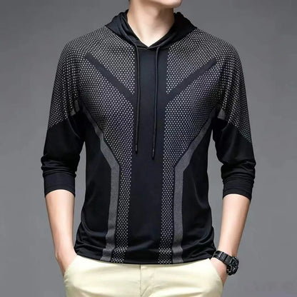 Men's Casual Solid Color Quick Dry Breathable Elastic Thin Long Sleeve T-Shirt with Hood for Spring/Summer Fitness And Sports