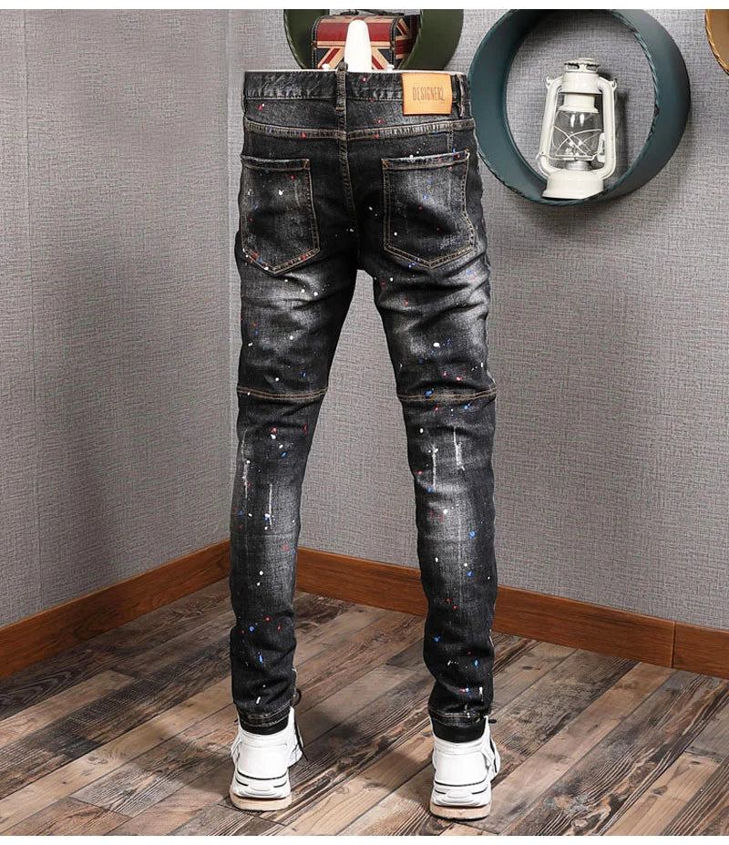 Fashion Streetwear Men Jeans Retro Black Blue Elastic Slim Fit Ripped Jeans Men Spliced Designer Embroidery Hip Hop Denim Pants