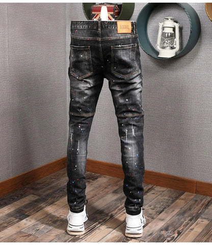 Fashion Streetwear Men Jeans Retro Black Blue Elastic Slim Fit Ripped Jeans Men Spliced Designer Embroidery Hip Hop Denim Pants