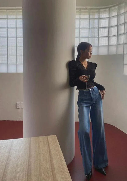Retro High Waist Slim Fit Blue Jeans Women's Autumn Winter Straight Leg Long Pants Wide Leg Pants Classic Waed Denim