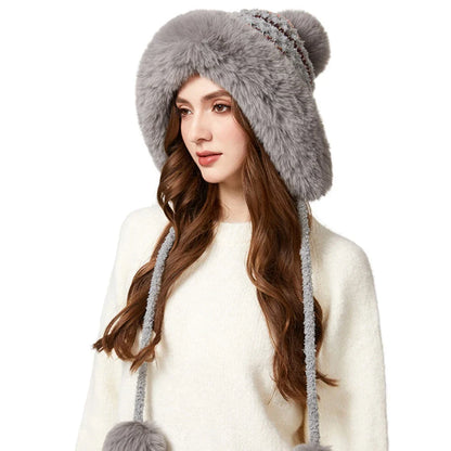 Three Pompoms Skullies Beanies Thick Warm Winter Hat Women Russian Fur Hat Ladies Knitted Hat Female Snow Ski Earflap Cap