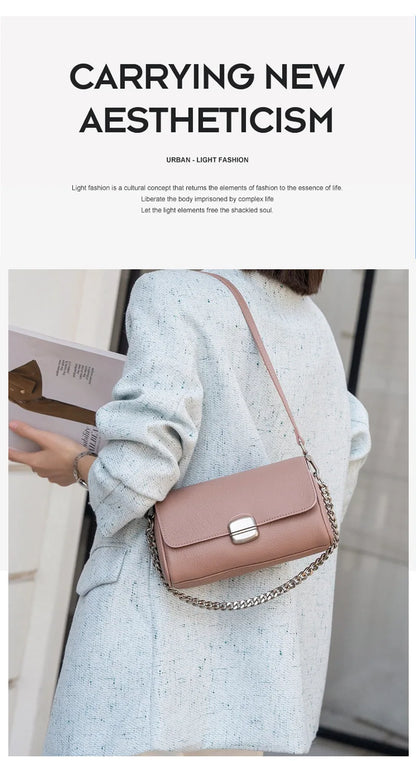 Supple Genuine Leather Women's Barrel Crossbody Bag - Commuter-Friendly Small Chain Strap Shoulder Bag for Everyday Chic