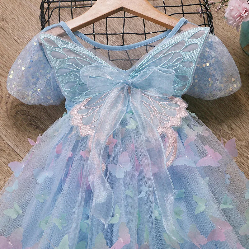 Baby Girls Butterfly Wings Fairy Gauze Princess Puff Sleeve Dress Lovely Kids Summer Tulle Dress Child Birthday Party Gown Dress