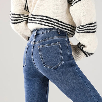 Winter Warm Jeans Women's Thickened Soft Comfortable Elastic Denim Pants Fashion Korean Straight Female Velvet Warm Clothing