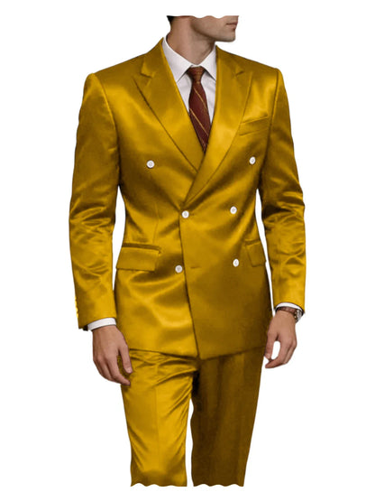 Luxury Men's Shiny Satin 2 Piece Suit Peak Lapel Double Breasted Jacket Pants Elegant Slim Fit Formal Tuxedo for Wedding Party