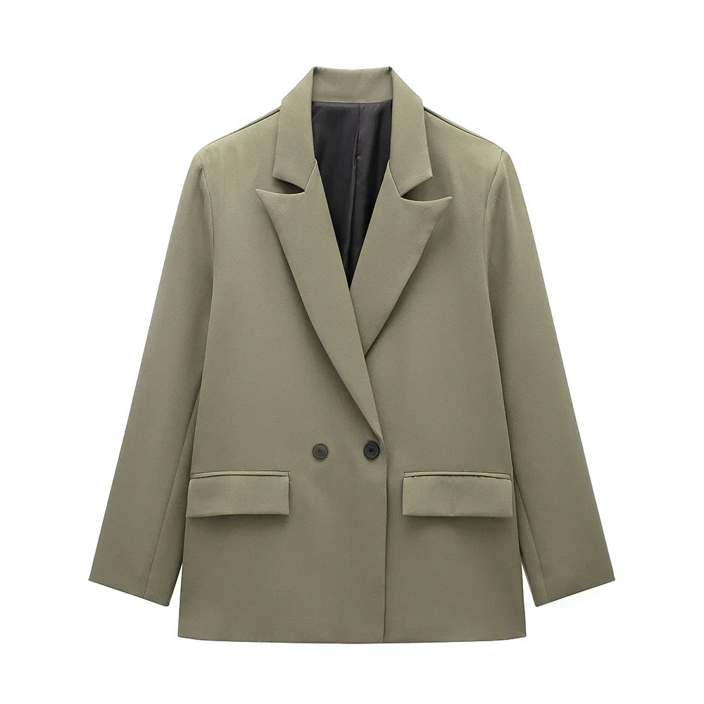 Women Fashion With Pockets Solid Double Breasted Blazer Vintage Long Sleeves Notched Neck Female Office Lady Outfits