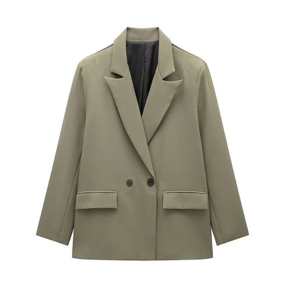 Women Fashion With Pockets Solid Double Breasted Blazer Vintage Long Sleeves Notched Neck Female Office Lady Outfits
