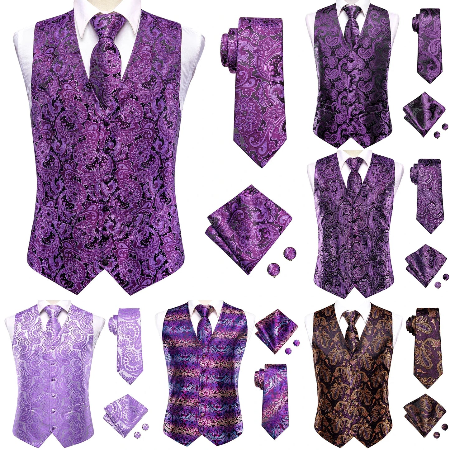 Purple Silk Mens Waistcoat Tie Set Sleeveless Jacket Suit Vest Necktie Hanky Cufflinks Wedding Business Oversized