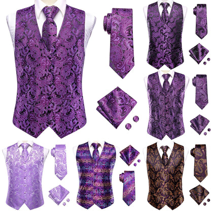 Purple Silk Mens Waistcoat Tie Set Sleeveless Jacket Suit Vest Necktie Hanky Cufflinks Wedding Business Oversized