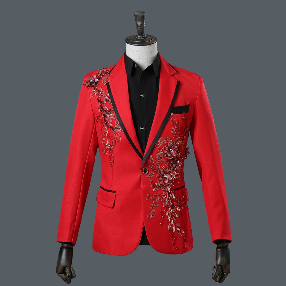 Host Singer Stage Nightclub Bar Performance Dress Set,Three-dimensional Double-sided Flower and Diamond Inlaid Men Suits 2-piece