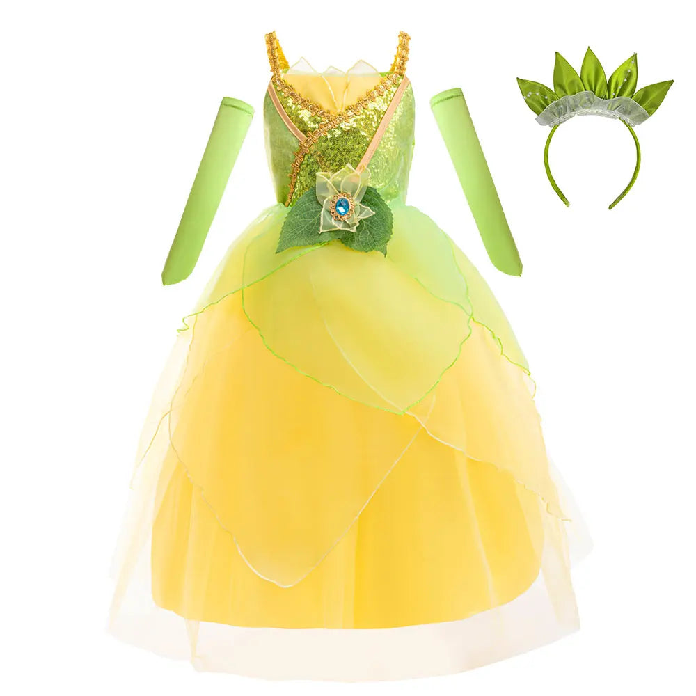 2026 Fairy Tale Fancy Princess and Frog Costume Play Tiana Ball Gown with Gloves Deluxe Suspender Dress 2 4 5 7 8Y Girl Carnival