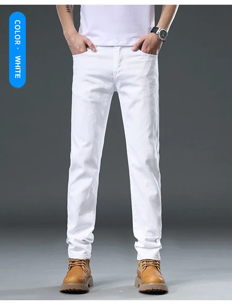 2025 Autumn Men's White Slim Fit Straight Jeans Casual Stretch Denim Pants Comfortable Fashion Streetwear Male Brand Clothing