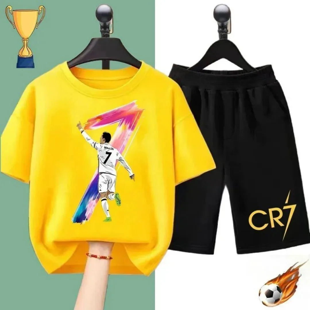 2025 Summer new children's suit Ronaldo football star printed children's suit Children's summer short sleeve shorts boys and gir