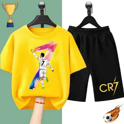 2025 Summer new children's suit Ronaldo football star printed children's suit Children's summer short sleeve shorts boys and gir
