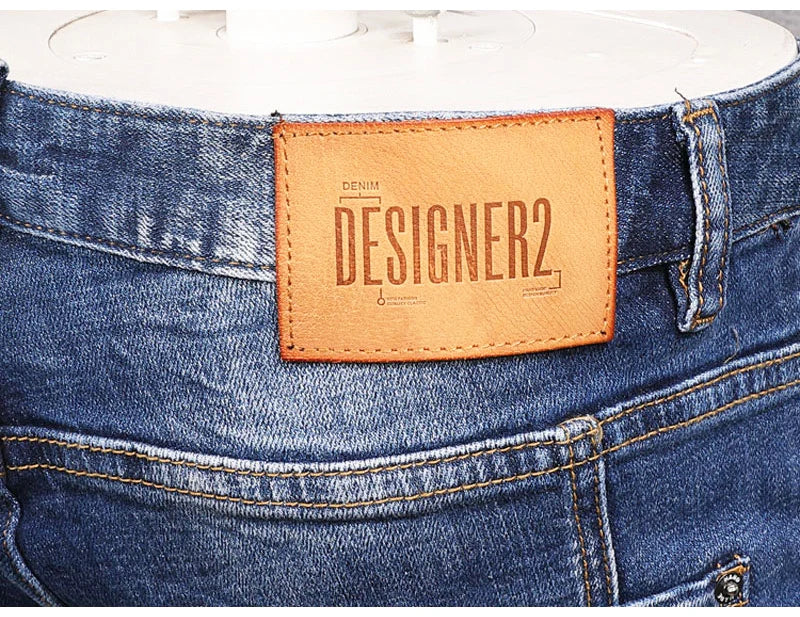 Fashion Streetwear Men Jeans Retro Black Blue Elastic Slim Fit Ripped Jeans Men Spliced Designer Embroidery Hip Hop Denim Pants