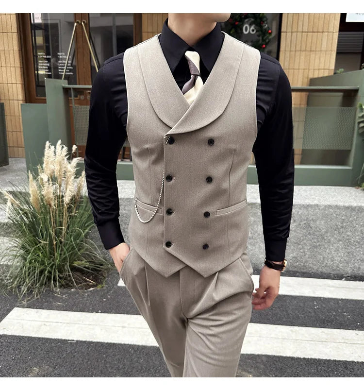 ( Vest + Pants) Men Luxury Double Breasted Design Suit Vest 2 pieces Formal Groom Wedding Dress Vest Set Fashion Club Clothing