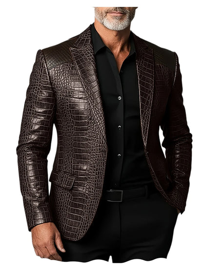 Men's Crocodile Pattern Leather Blazer Patchwork PU Leather Suit Jacket Notched Lapel Slim Fit Business Casual Coat Outerwear