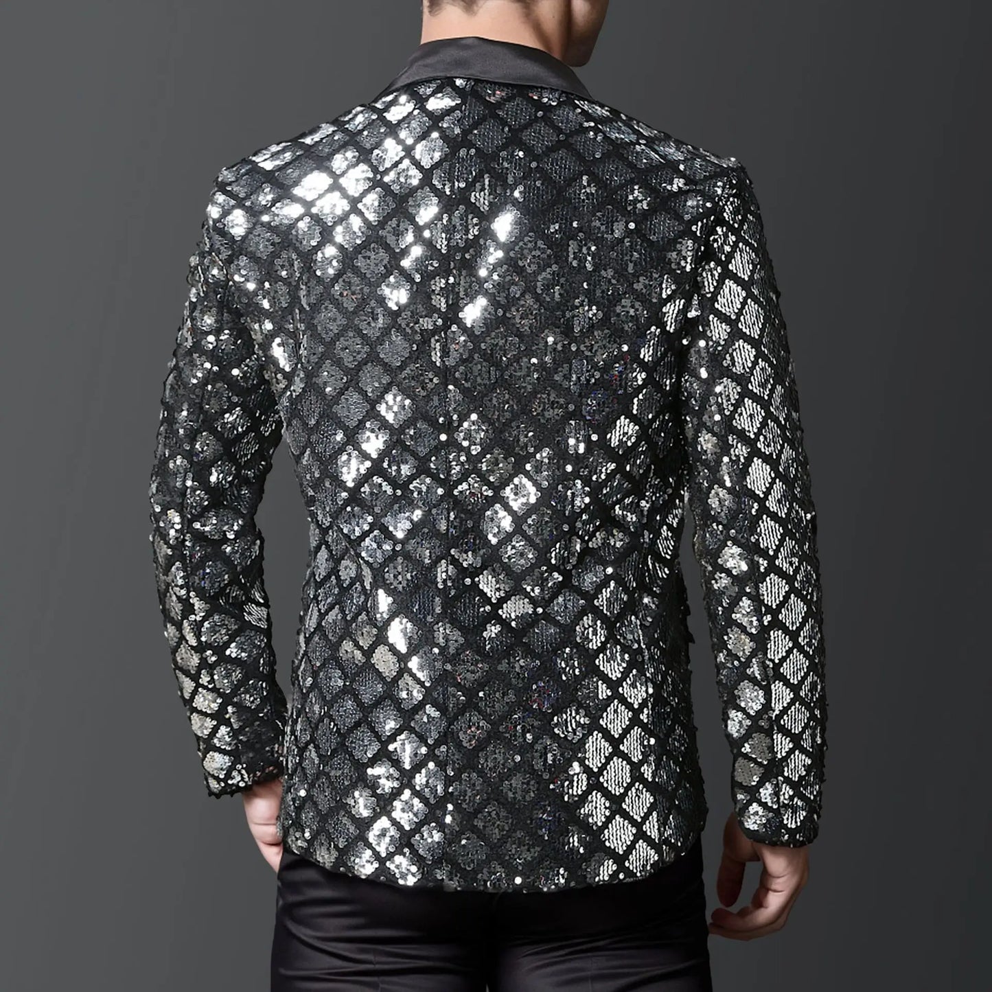 Men's Gold Suit Jacket, Wedding Party Dress Coat, Silver Blue Black Round Metallic Sequin Decoration Blazers.