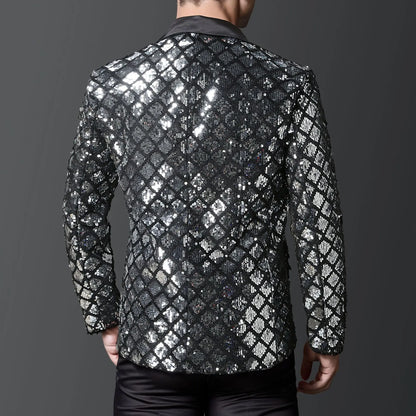 Men's Gold Suit Jacket, Wedding Party Dress Coat, Silver Blue Black Round Metallic Sequin Decoration Blazers.