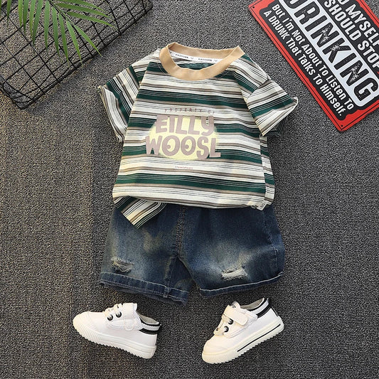 Baby Boys Summer 2PCS Outfit Set Striped Short Sleeve T-shirt Denim Shorts Casual Kids Clothing Set For Toddler Boys