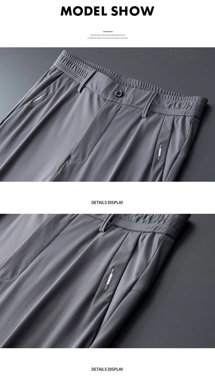 High Elastic Ice Silk Casual Pants Men's Spring Summer Ultra-thin Quick Drying Soft Breathable Business Straight Gray Trousers