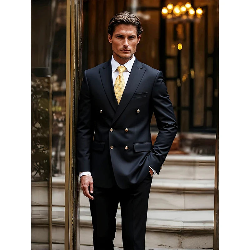 Two-piece Set Suit Men's Vintage Banquet Suit Chinese Style Suit Double Breasted Blazer Metal Buttons Dress Pants Wedding Galas
